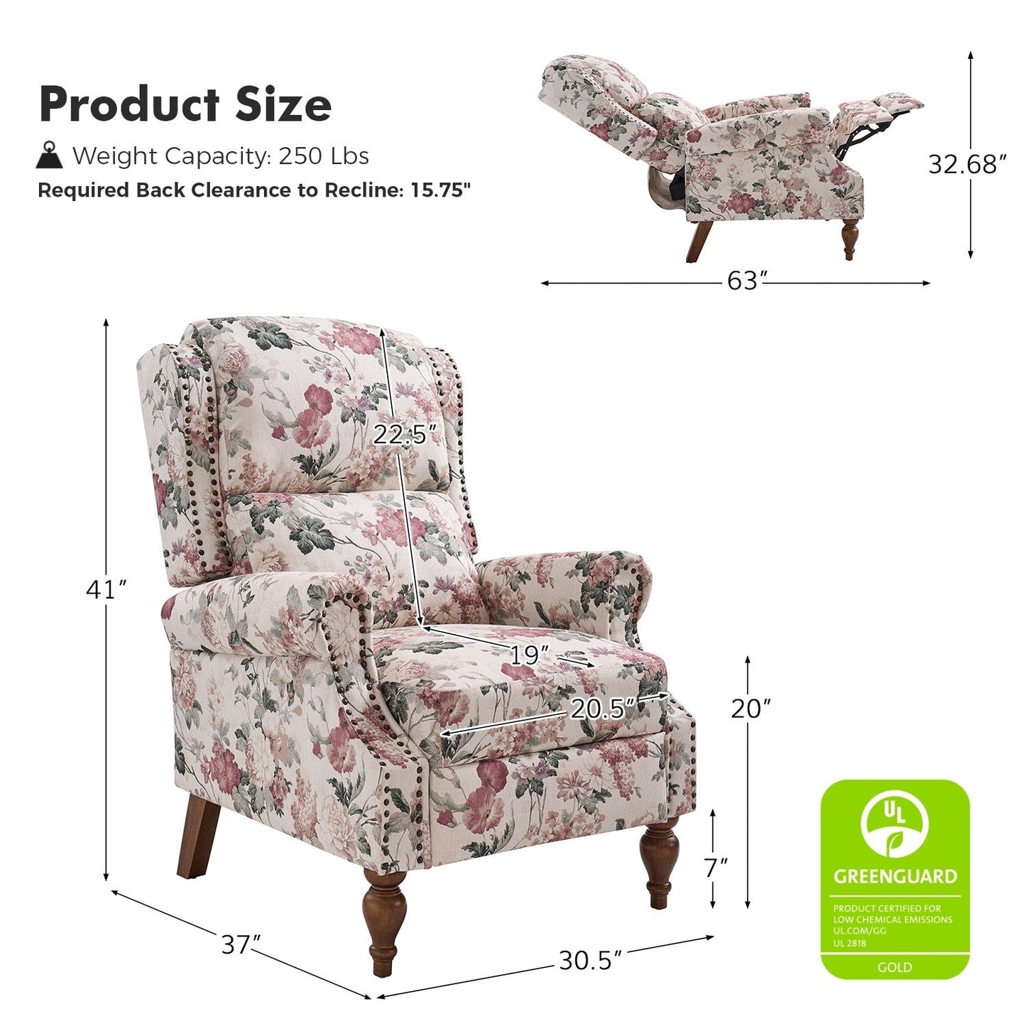 Fauteuil inclinable manuel classique Terri avec accoudoirs coupés et clous pour salon par HULALA HOME