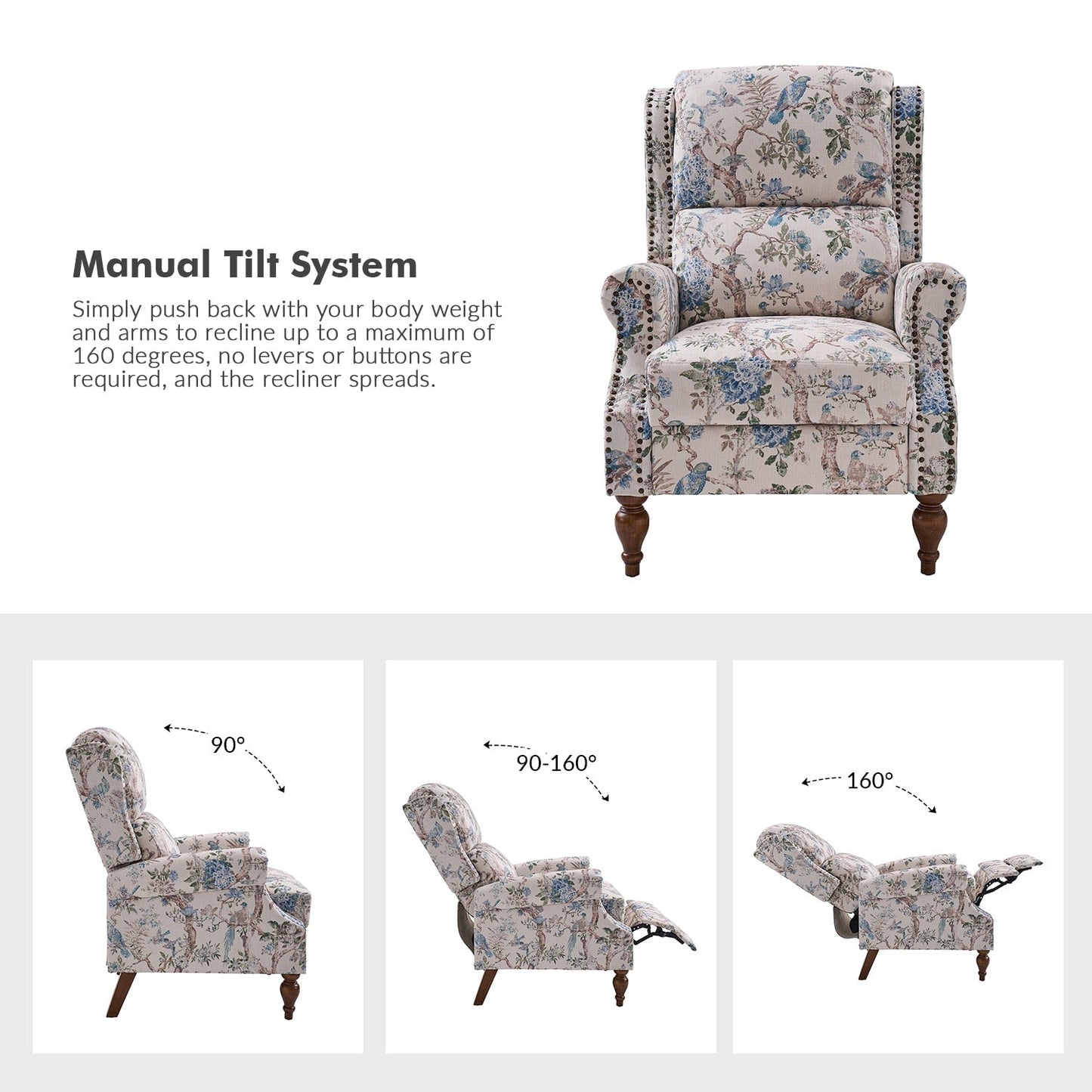 Fauteuil inclinable manuel classique Terri avec accoudoirs coupés et clous pour salon par HULALA HOME