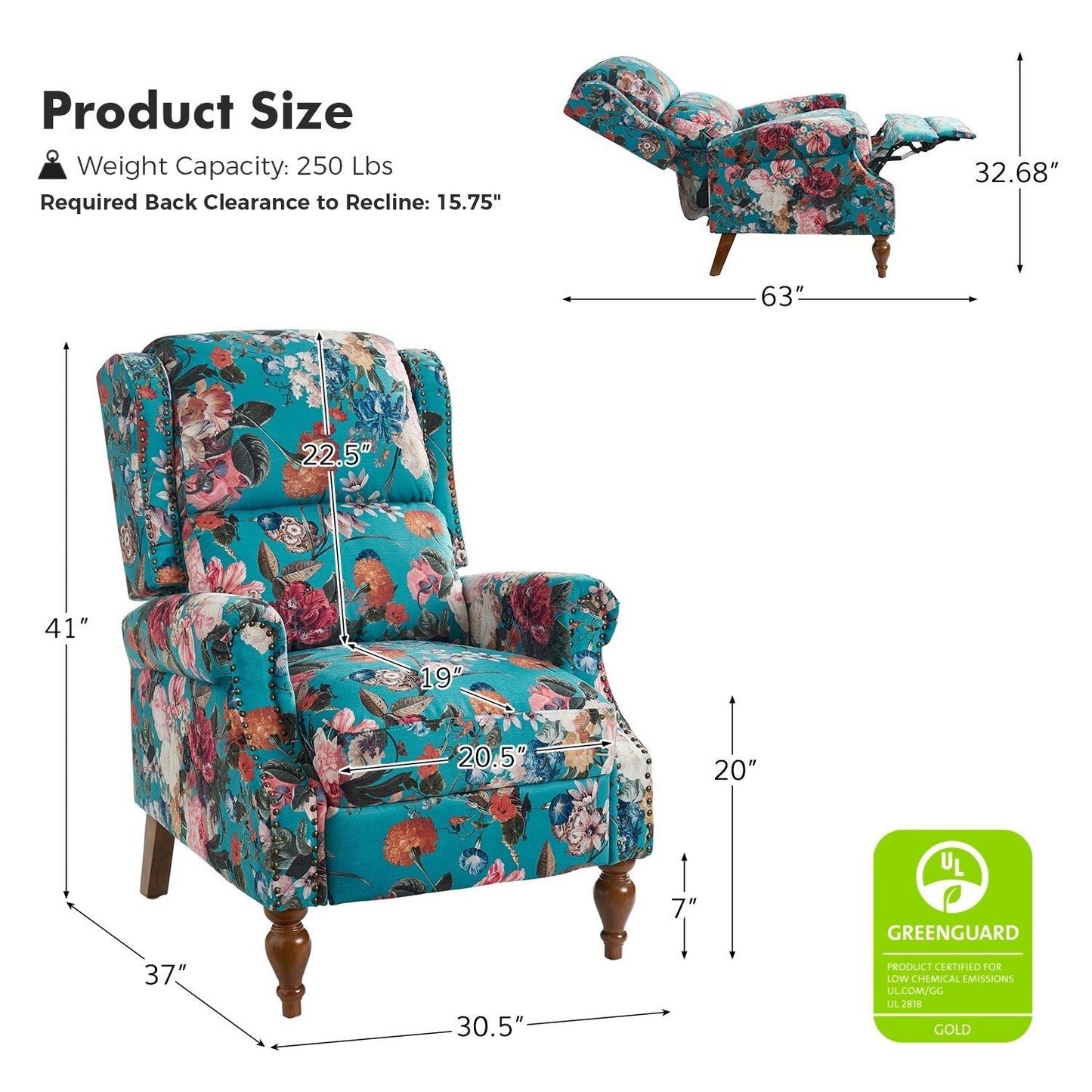 Fauteuil inclinable manuel classique Terri avec accoudoirs coupés et clous pour salon par HULALA HOME