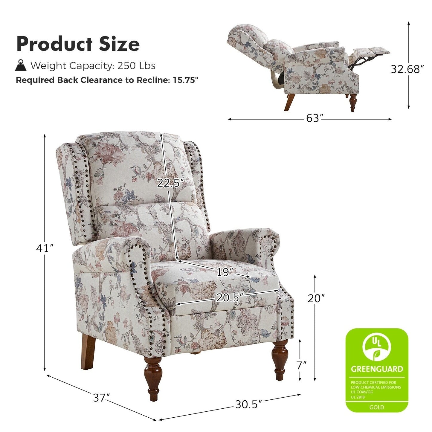 Fauteuil inclinable manuel classique Terri avec accoudoirs coupés et clous pour salon par HULALA HOME