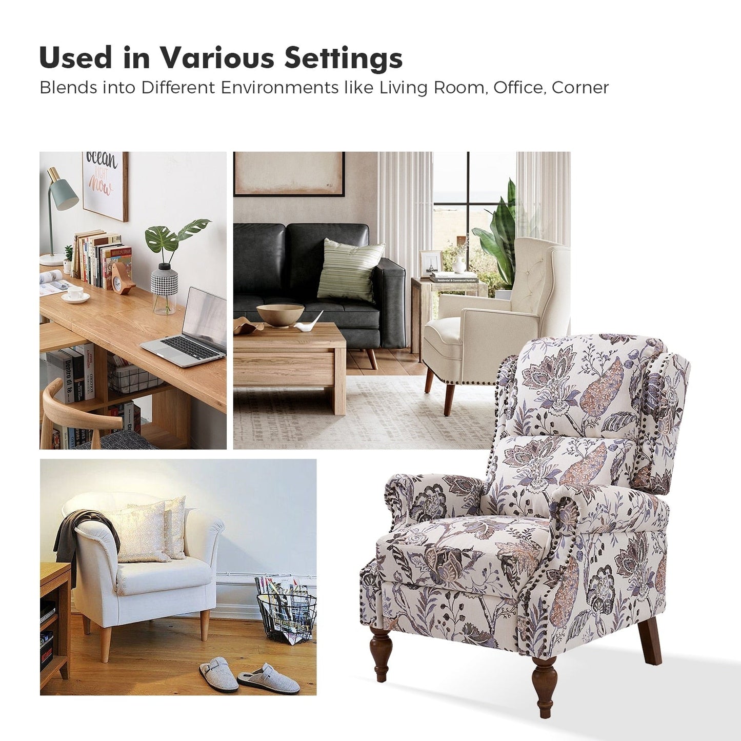 Fauteuil inclinable manuel classique Terri avec accoudoirs coupés et clous pour salon par HULALA HOME