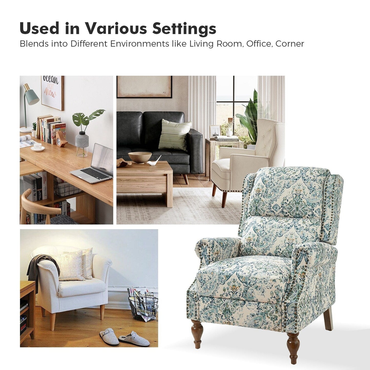 Fauteuil inclinable manuel classique Terri avec accoudoirs coupés et clous pour salon par HULALA HOME