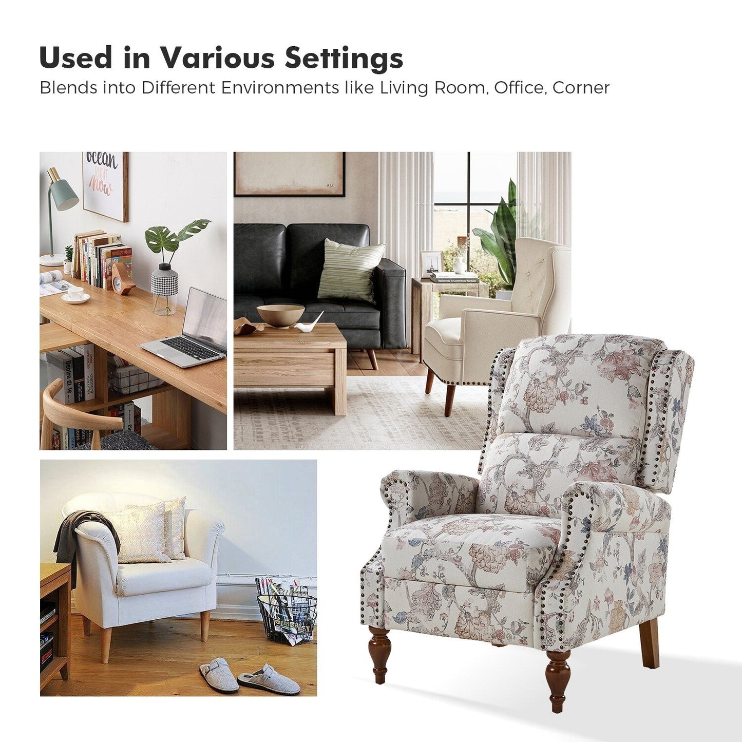 Fauteuil inclinable manuel classique Terri avec accoudoirs coupés et clous pour salon par HULALA HOME