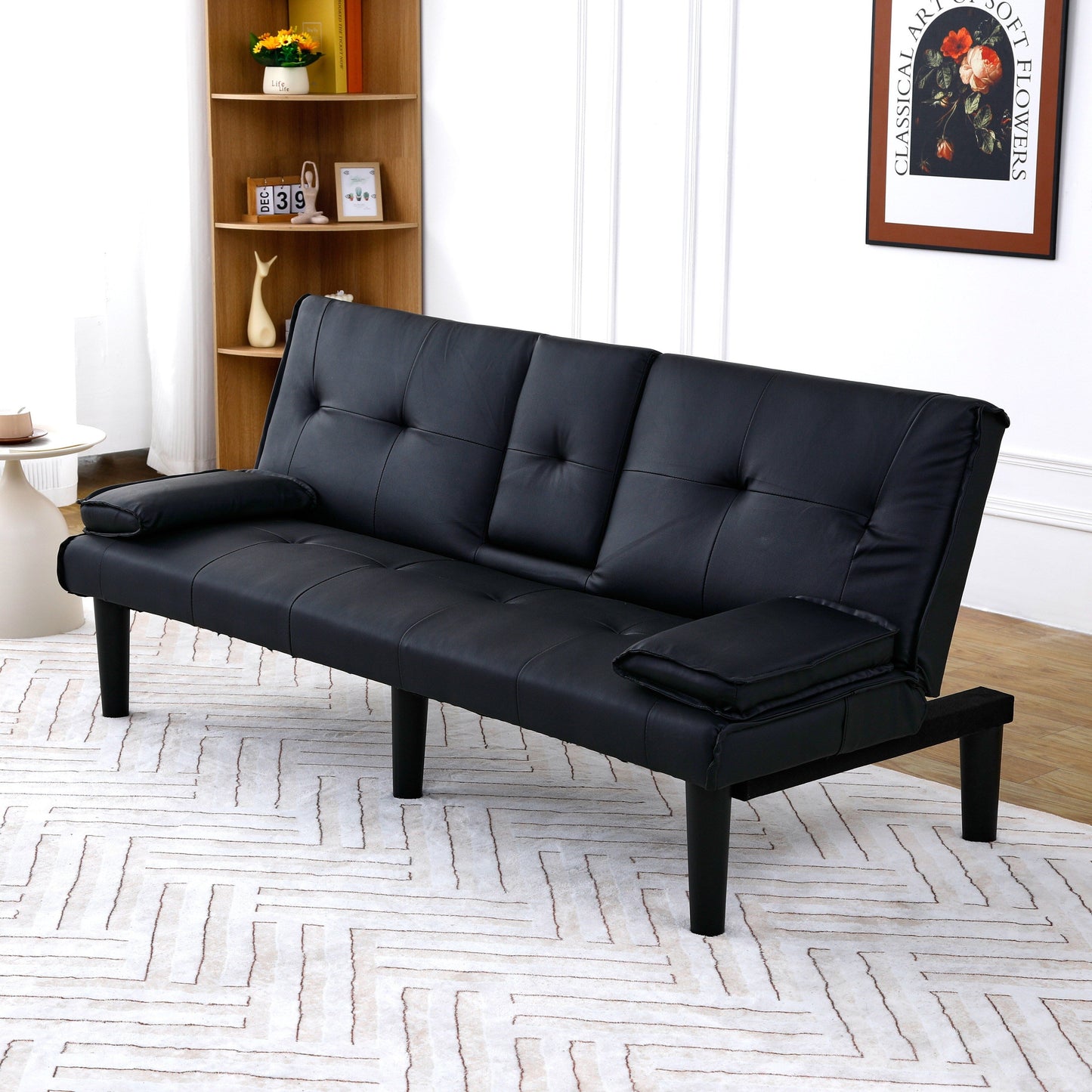 Le canapé-lit multifonctionnel en PVC noir de 67 pouces avec un design pliable et porte-gobelet