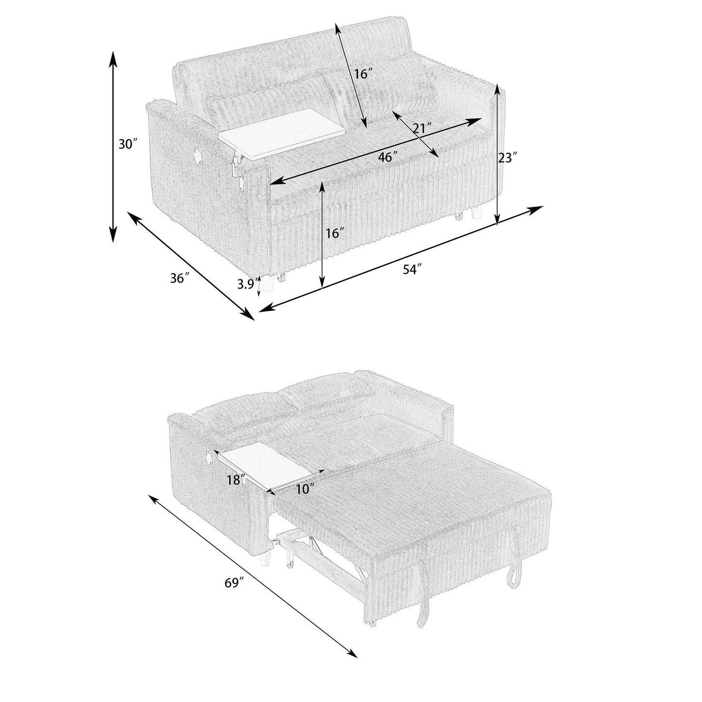 Le canapé gigogne en velours côtelé à double fonction, équipé d'un plateau mobile et de ports USB, convient