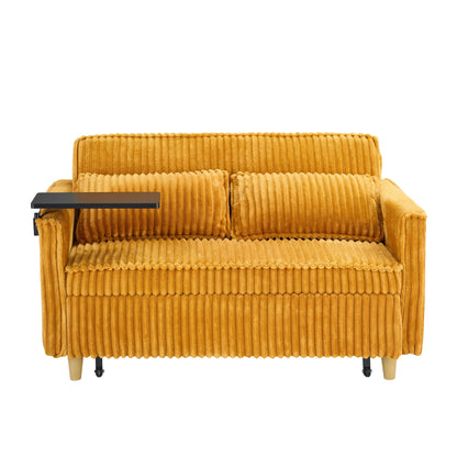 Le canapé gigogne en velours côtelé à double fonction, équipé d'un plateau mobile et de ports USB, convient