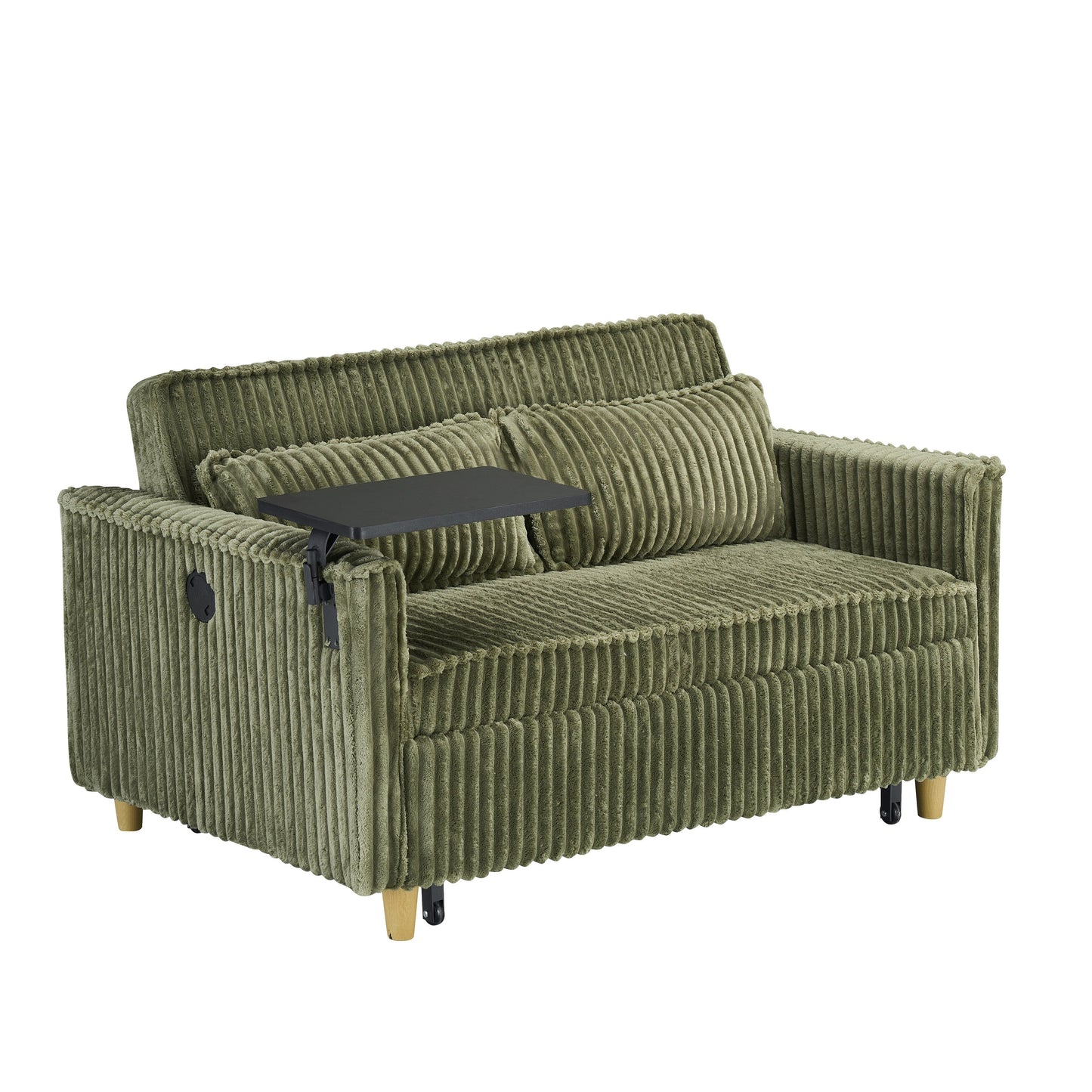 Le canapé gigogne en velours côtelé à double fonction, équipé d'un plateau mobile et de ports USB, convient