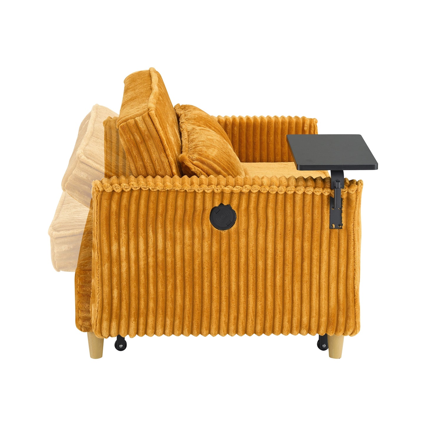 Le canapé gigogne en velours côtelé à double fonction, équipé d'un plateau mobile et de ports USB, convient