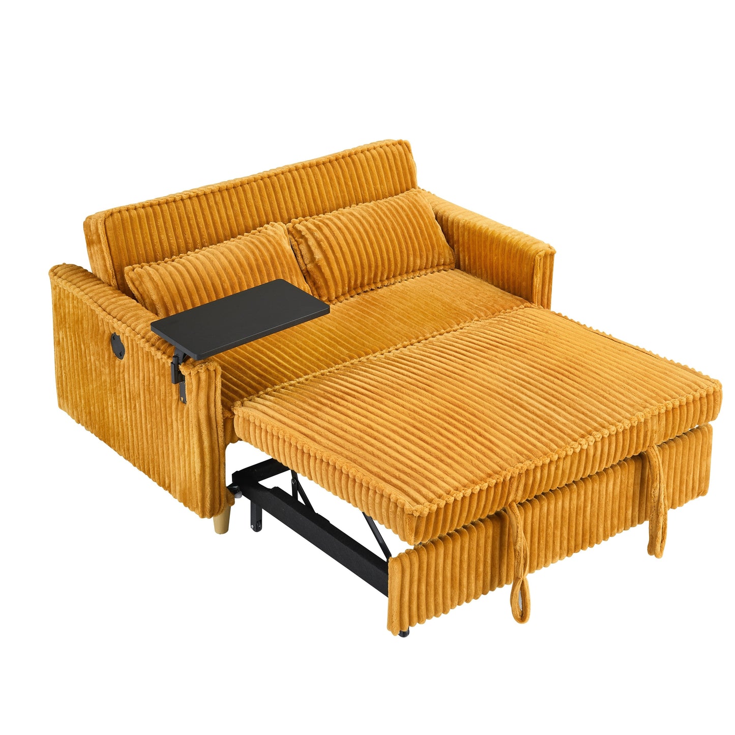 Le canapé gigogne en velours côtelé à double fonction, équipé d'un plateau mobile et de ports USB, convient
