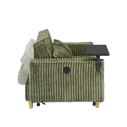 Le canapé en velours côtelé vert gigogne et rabattable à double fonction, équipé d'un plateau mobile et de ports USB