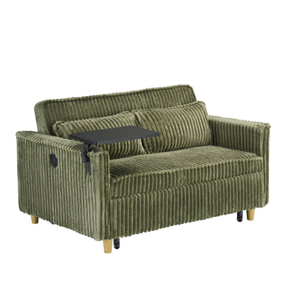 Le canapé en velours côtelé vert gigogne et rabattable à double fonction, équipé d'un plateau mobile et de ports USB