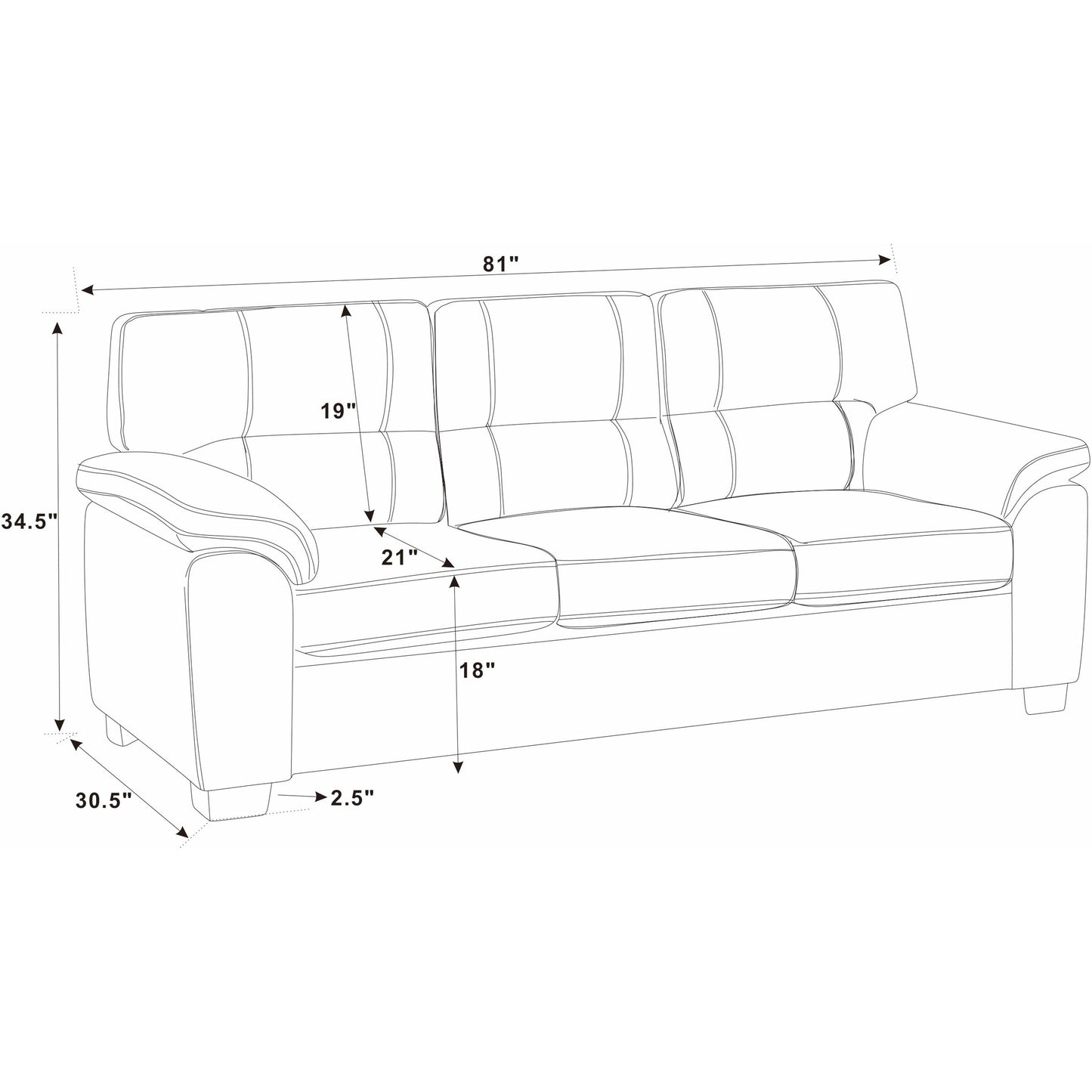 Canapé trois places en cuir - 30,5 P x 81 L x 34,5 H
