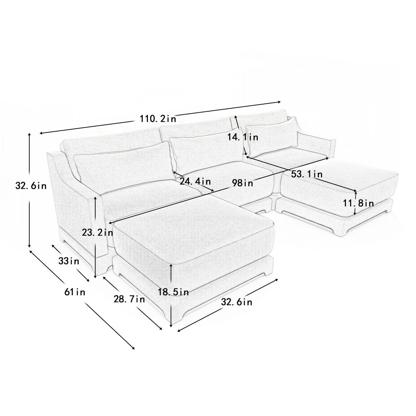 Canapé trois places avec 2 poufs amovibles