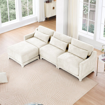 Canapé trois places en chenille, deux poufs amovibles, base en bois de haute qualité, éponge haute résilience, installation facile