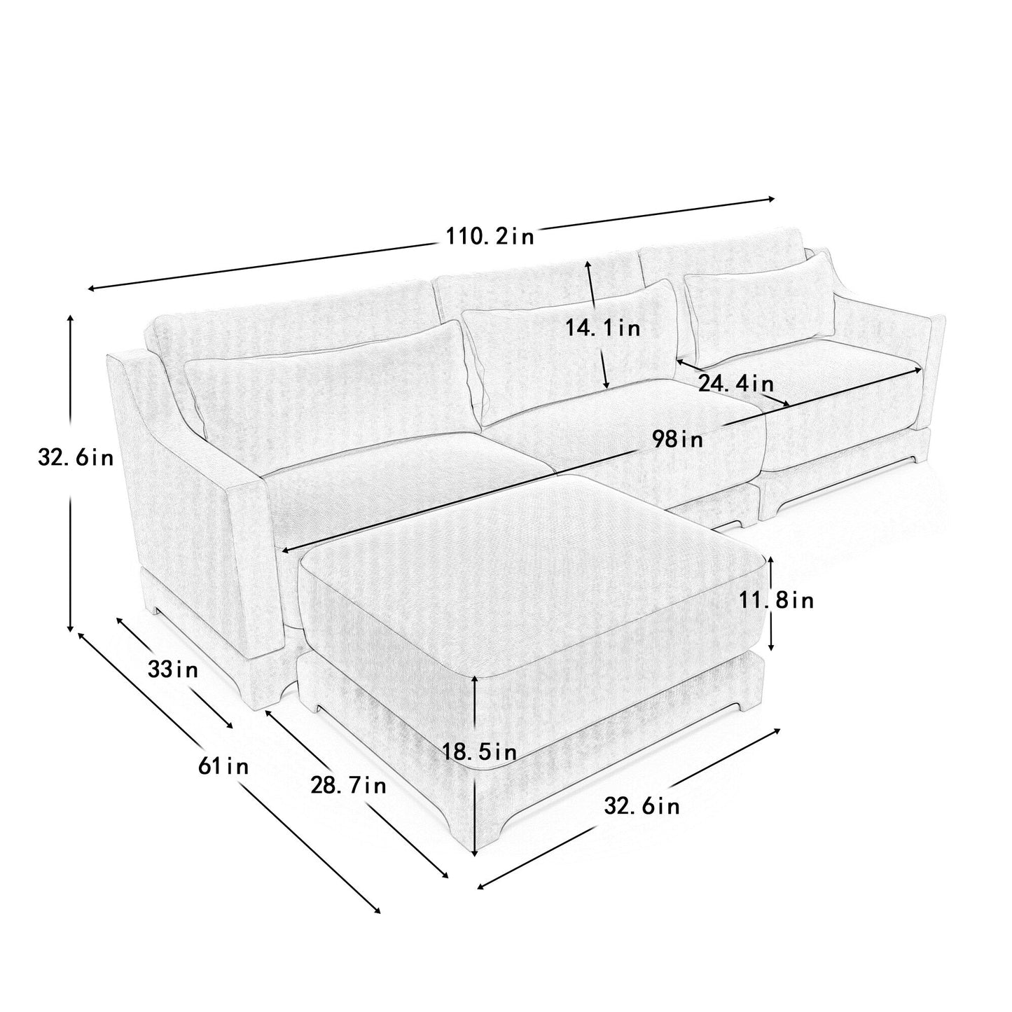 Canapé trois places en chenille, deux poufs amovibles, base en bois de haute qualité, éponge haute résilience, installation facile
