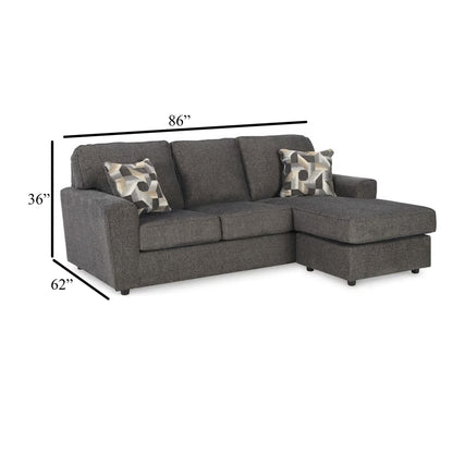 Canapé méridienne Timu en L, 218 cm, 2 coussins décoratifs, polyester gris
