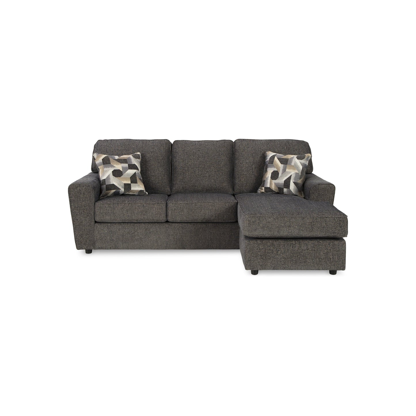 Canapé méridienne Timu en L, 218 cm, 2 coussins décoratifs, polyester gris