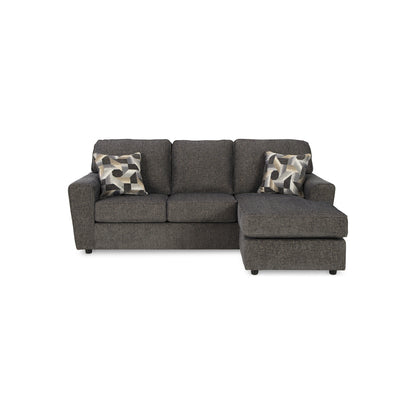 Canapé méridienne Timu en L, 218 cm, 2 coussins décoratifs, polyester gris