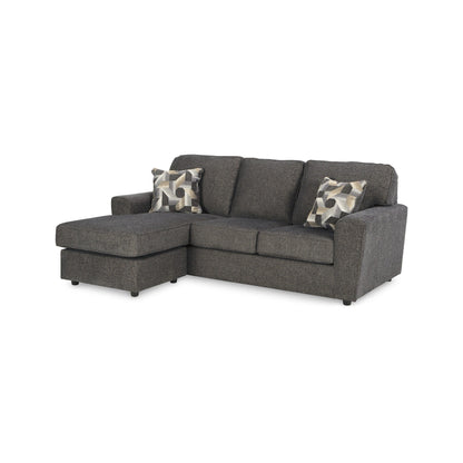 Canapé méridienne Timu en L, 218 cm, 2 coussins décoratifs, polyester gris