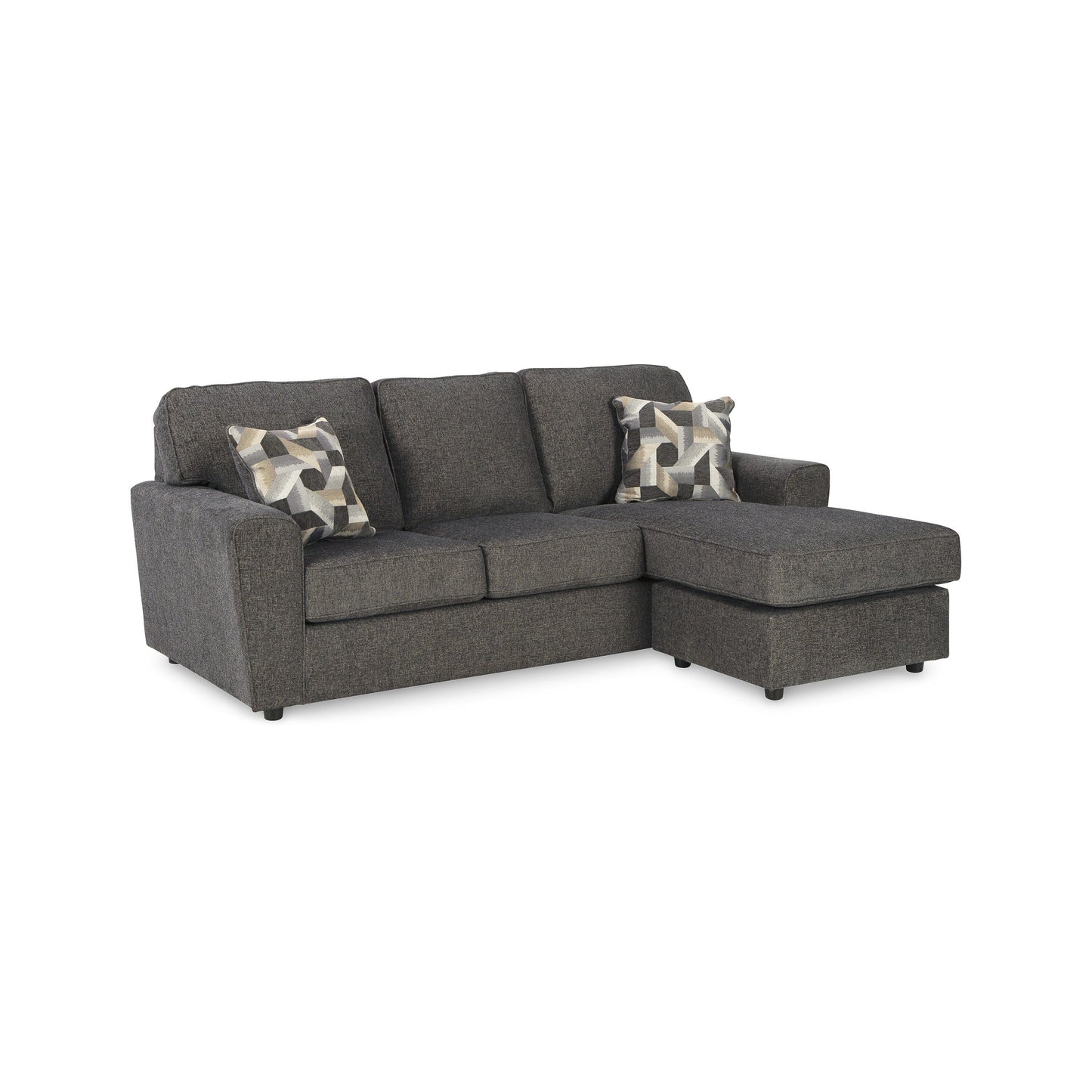 Canapé méridienne Timu en L, 218 cm, 2 coussins décoratifs, polyester gris