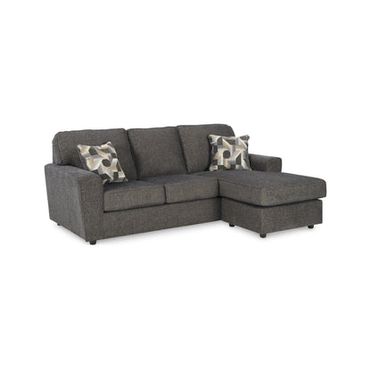 Canapé méridienne Timu en L, 218 cm, 2 coussins décoratifs, polyester gris