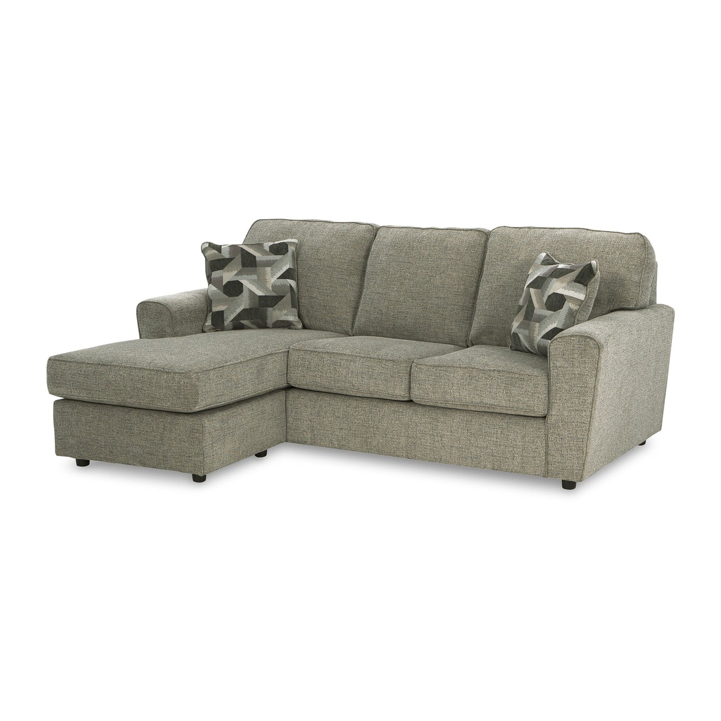 Canapé-lit Timu en L, 218 cm, 2 coussins décoratifs, polyester gris
