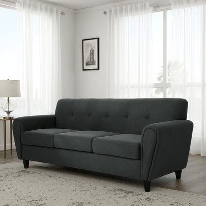 Canapé Tiya, dossier capitonné, assises carrées, revêtement en tissu gris, 200 cm