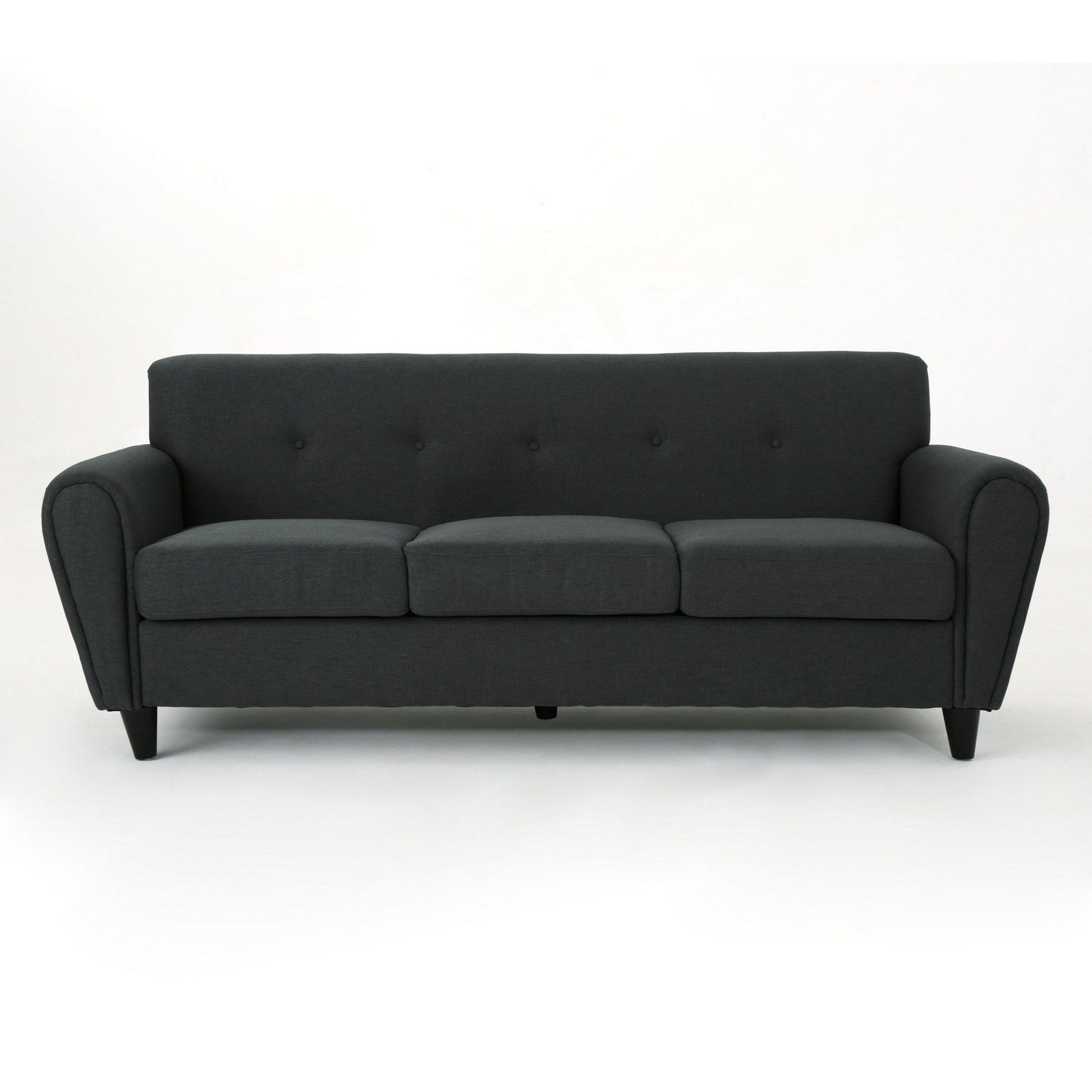 Canapé Tiya, dossier capitonné, assises carrées, revêtement en tissu gris, 200 cm