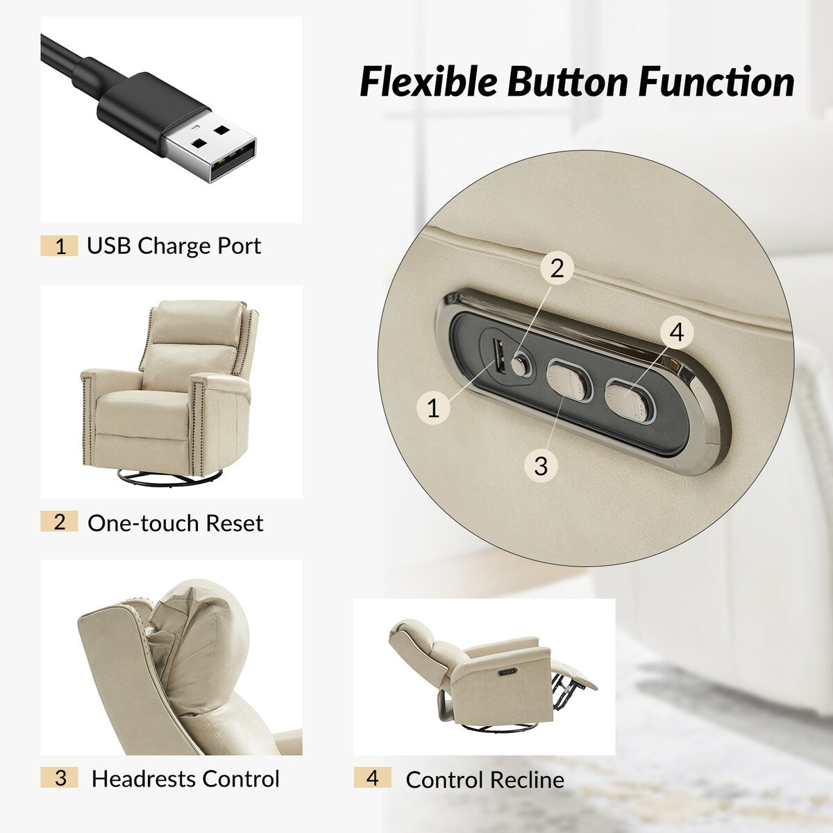 Fauteuil inclinable électrique pivotant et à bascule traditionnel Tobias par HULALA HOME