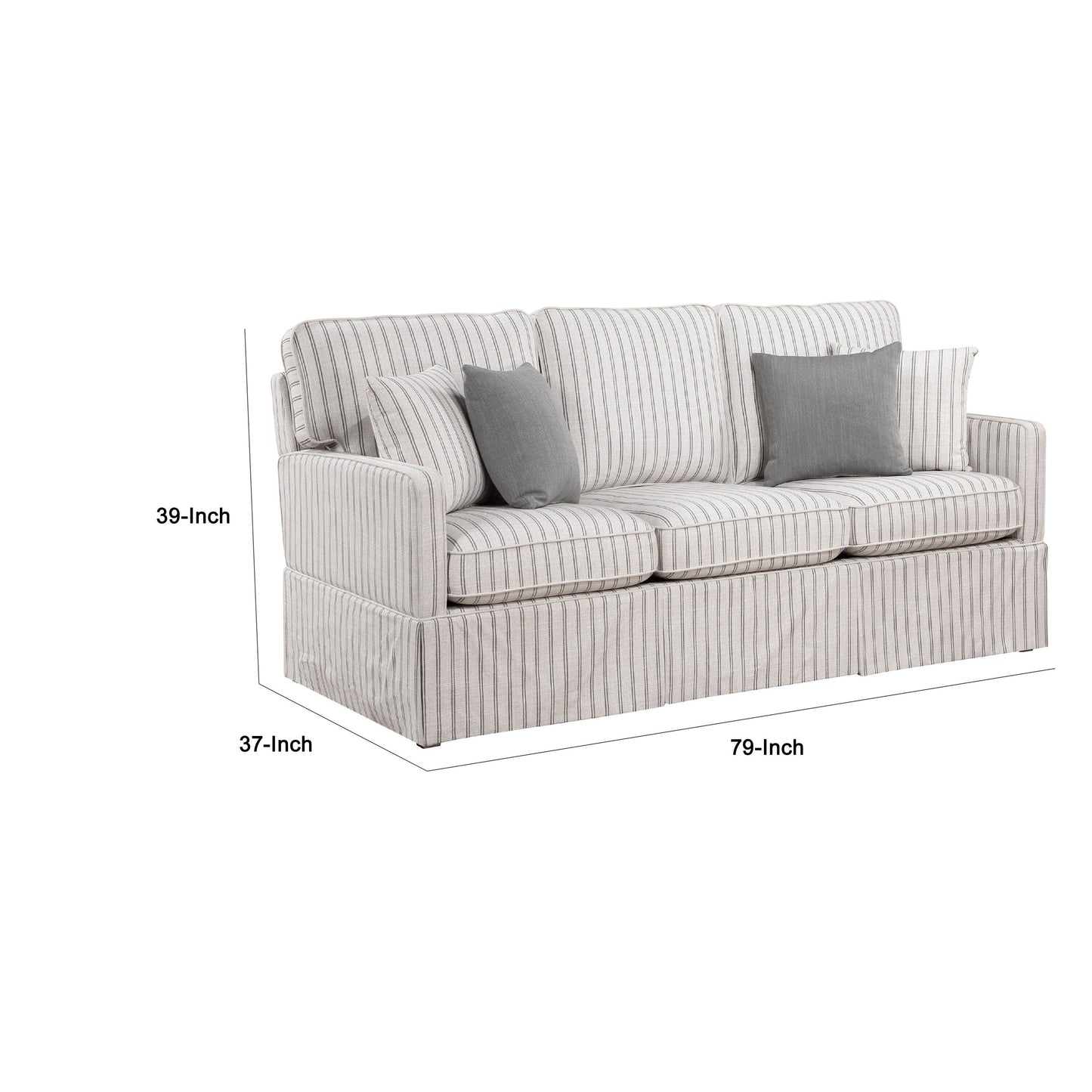Canapé Tory avec 4 coussins décoratifs, polyester rayé gris et blanc, 200 cm