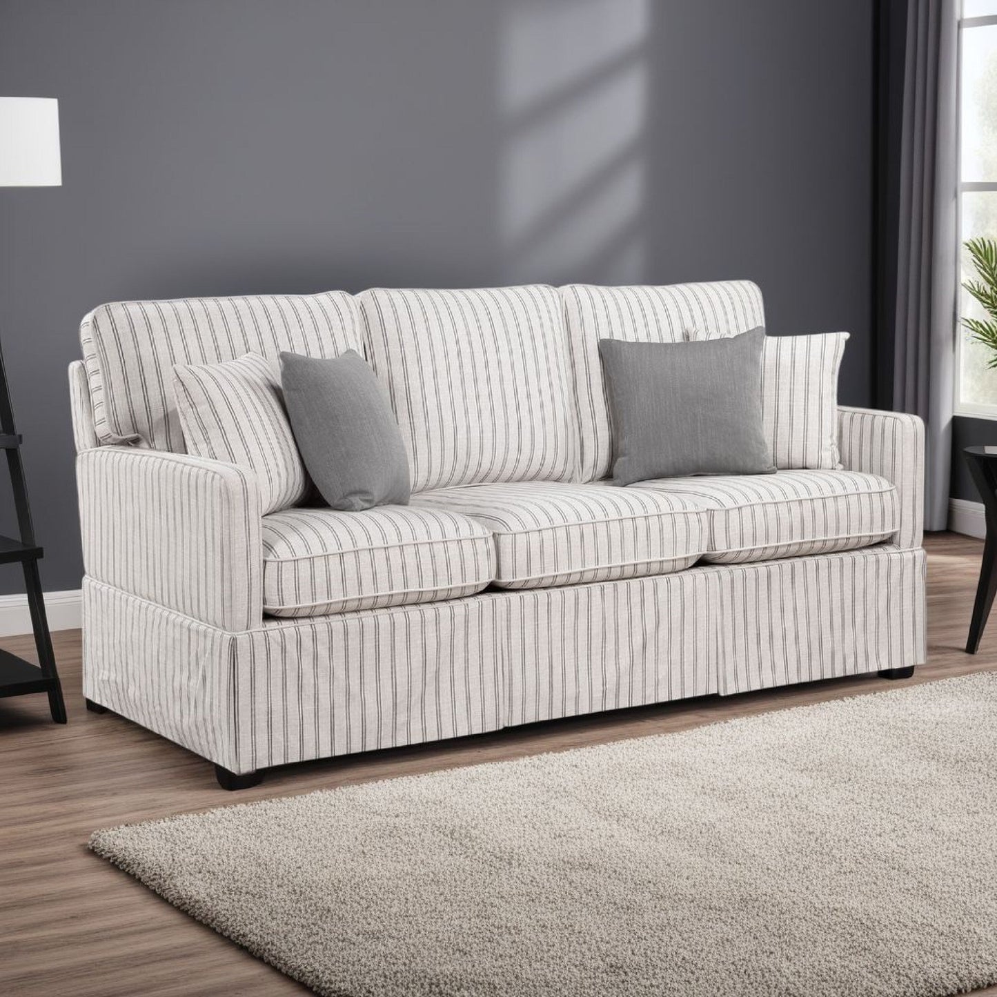 Canapé Tory avec 4 coussins décoratifs, polyester rayé gris et blanc, 200 cm
