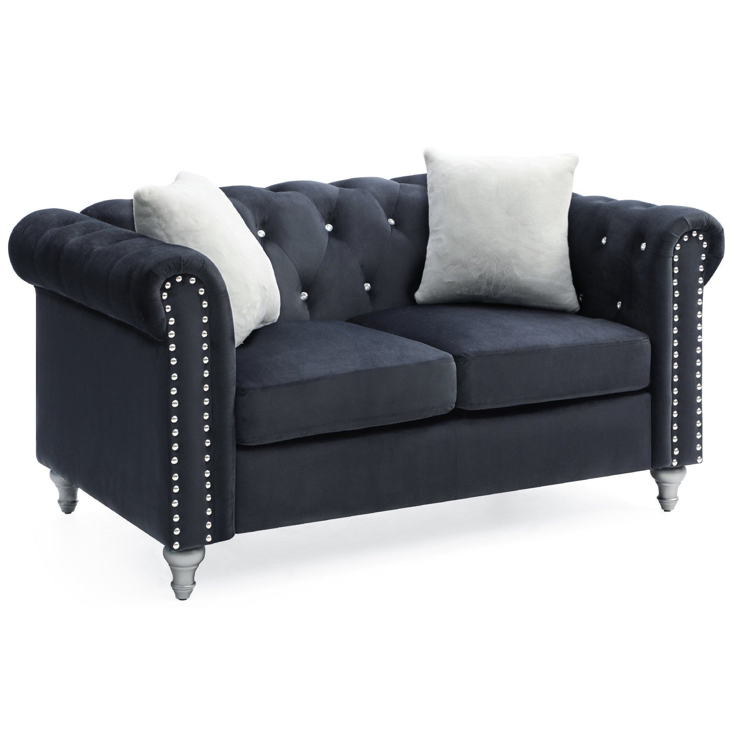 Canapé 2 places capitonné en velours imitation bijou avec coussins décoratifs - 60 - Noir