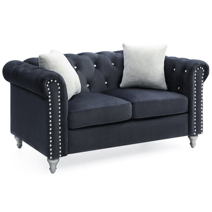 Canapé 2 places capitonné en velours imitation bijou avec coussins décoratifs - 60 - Noir