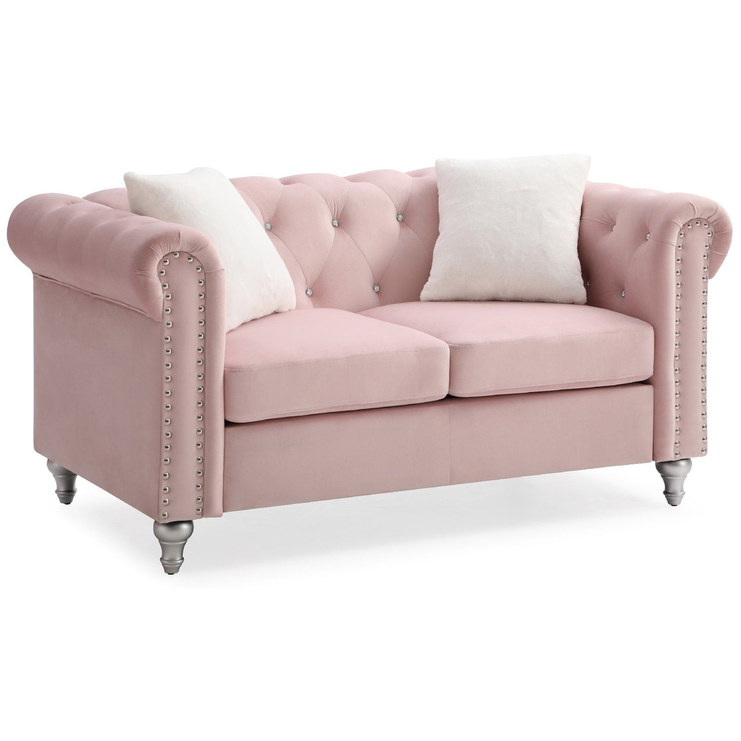 Canapé 2 places capitonné en velours imitation bijou avec coussins décoratifs - 60 - Rose