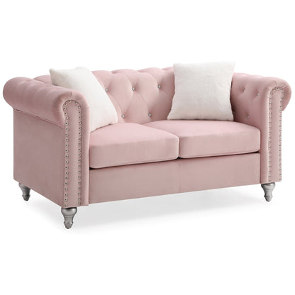 Canapé 2 places capitonné en velours imitation bijou avec coussins décoratifs - 60 - Rose