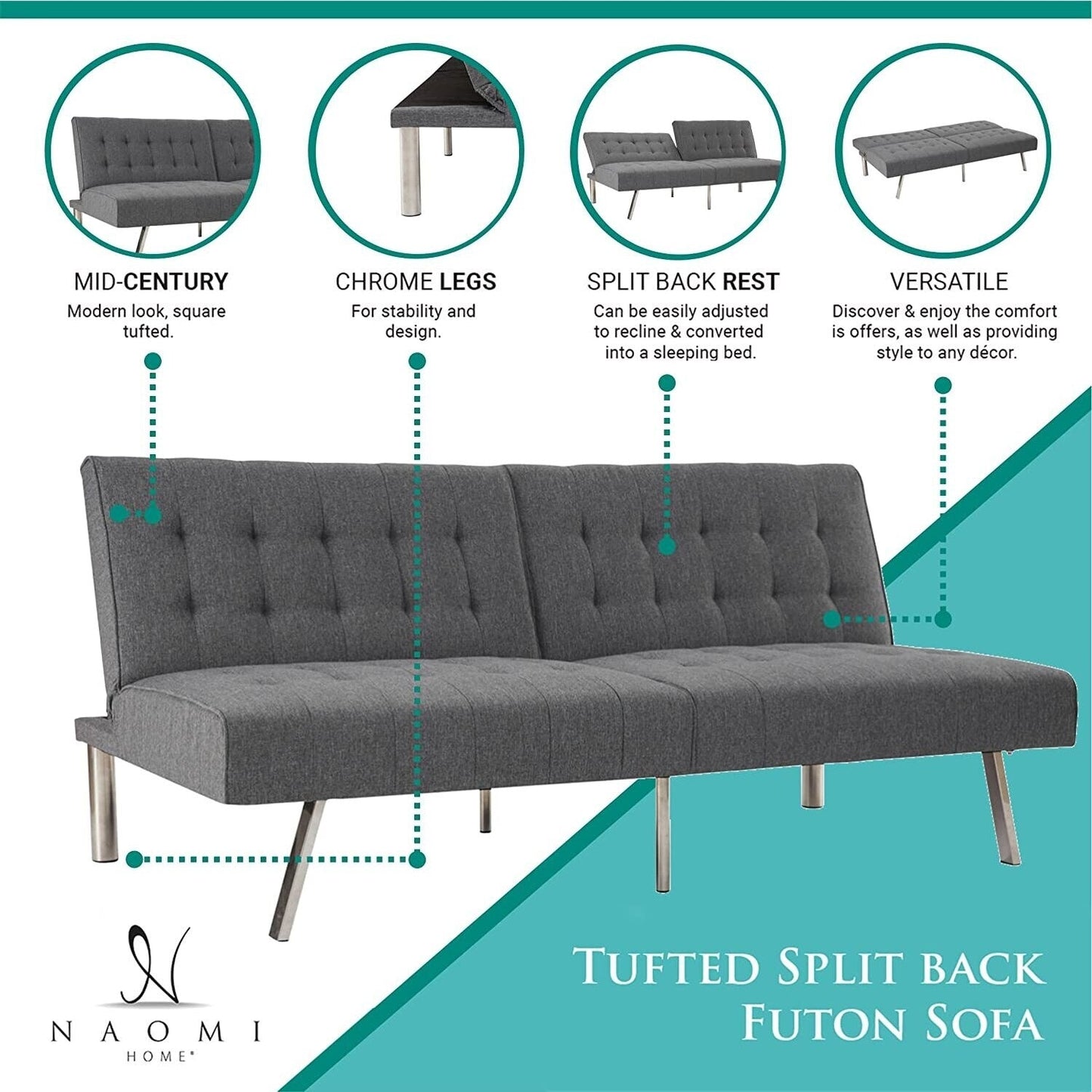 Canapé-lit futon capitonné moderne du milieu du siècle avec dossier divisé et pieds chromés