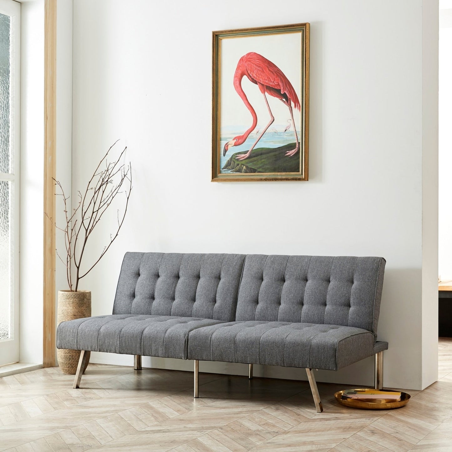 Canapé-lit futon capitonné moderne du milieu du siècle avec dossier divisé et pieds chromés