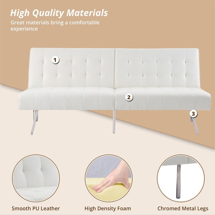 Canapé-lit futon capitonné moderne du milieu du siècle avec dossier divisé et pieds chromés