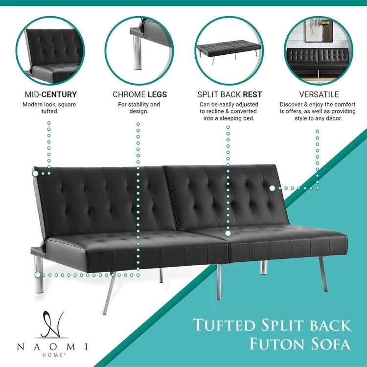 Canapé-lit futon capitonné moderne du milieu du siècle avec dossier divisé et pieds chromés