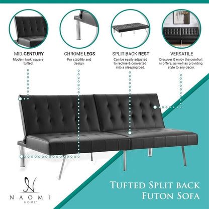 Canapé-lit futon capitonné moderne du milieu du siècle avec dossier divisé et pieds chromés