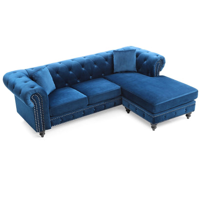 Canapé sectionnel 3 places en velours capitonné en forme de L avec coussins décoratifs - 98 - Bleu