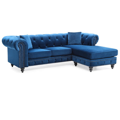 Canapé sectionnel 3 places en velours capitonné en forme de L avec coussins décoratifs - 98 - Bleu