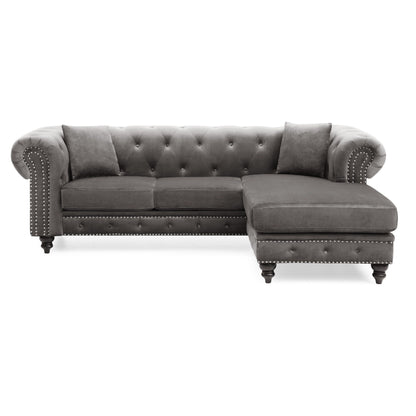 Canapé sectionnel 3 places en velours capitonné en forme de L avec coussins décoratifs - 98 - Gris foncé