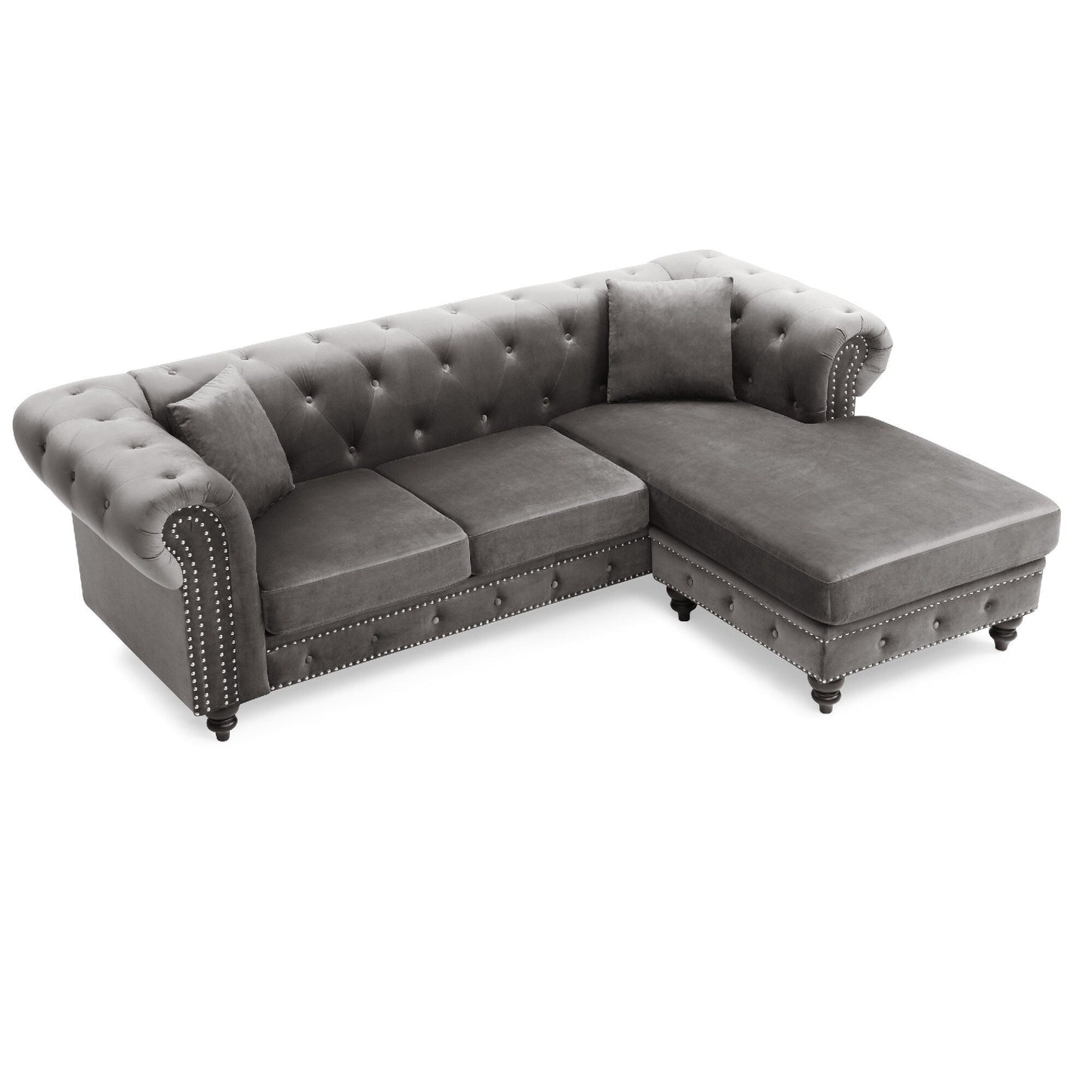 Canapé sectionnel 3 places en velours capitonné en forme de L avec coussins décoratifs - 98 - Gris foncé