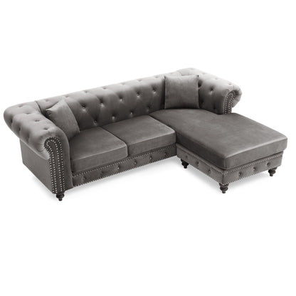 Canapé sectionnel 3 places en velours capitonné en forme de L avec coussins décoratifs - 98 - Gris foncé