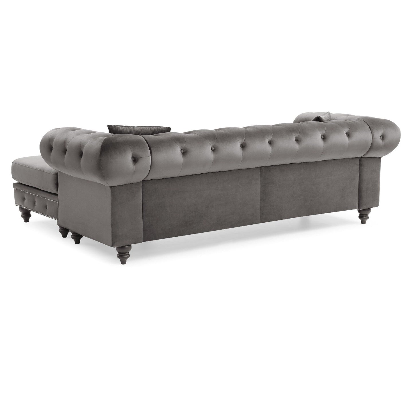 Canapé sectionnel 3 places en velours capitonné en forme de L avec coussins décoratifs - 98 - Gris foncé