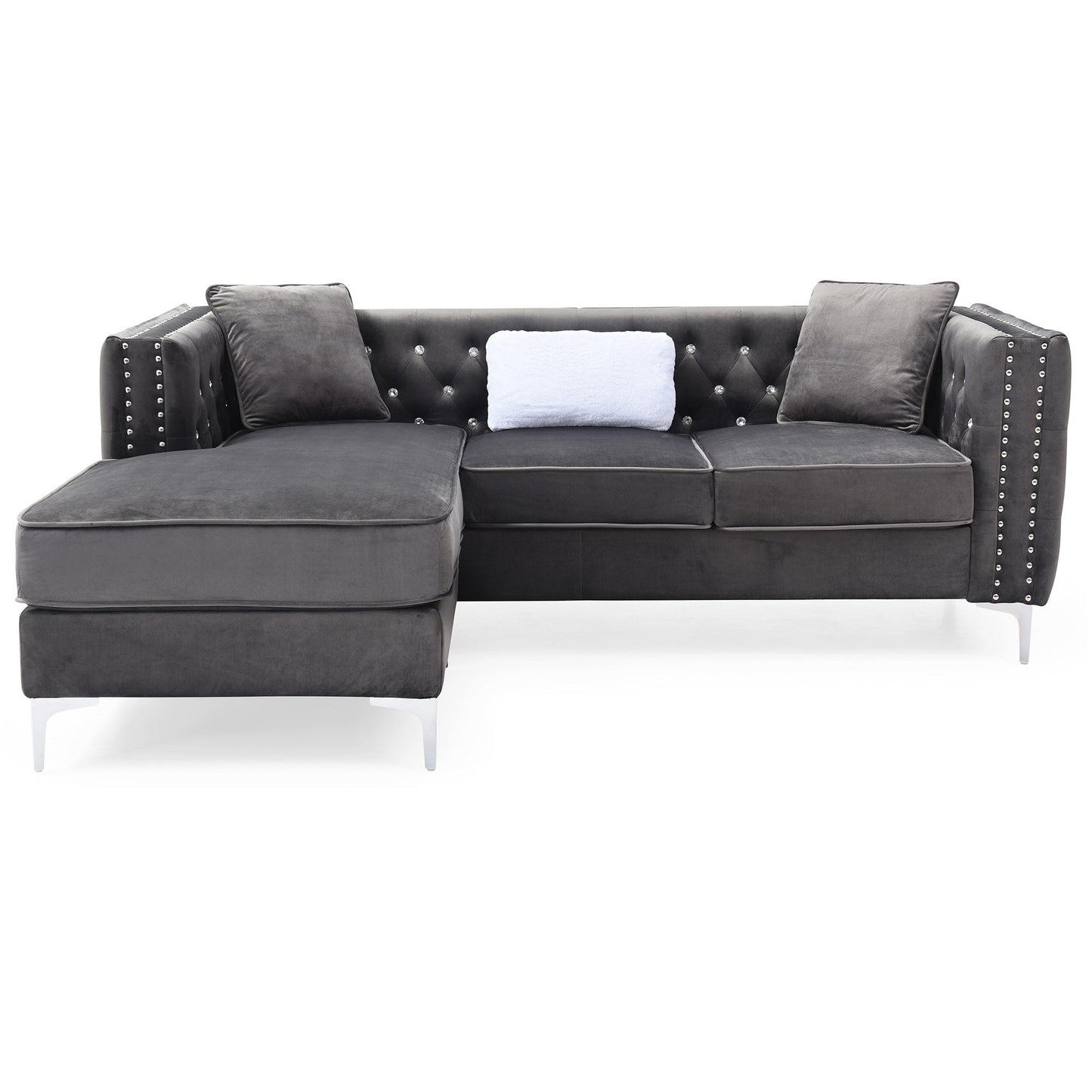 Canapé 3 places en L en velours capitonné avec coussins décoratifs - 87 - Gris