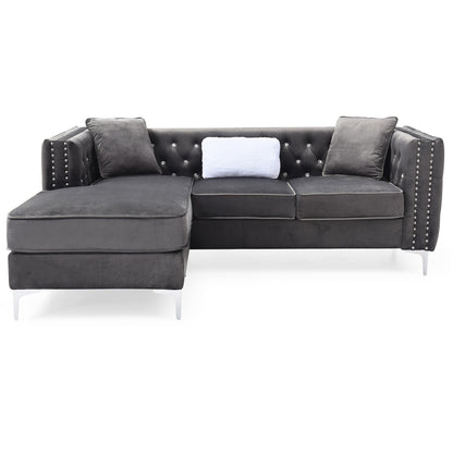 Canapé 3 places en L en velours capitonné avec coussins décoratifs - 87 - Gris