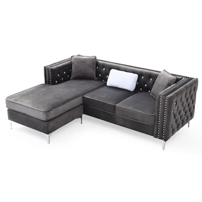 Canapé 3 places en L en velours capitonné avec coussins décoratifs - 87 - Gris