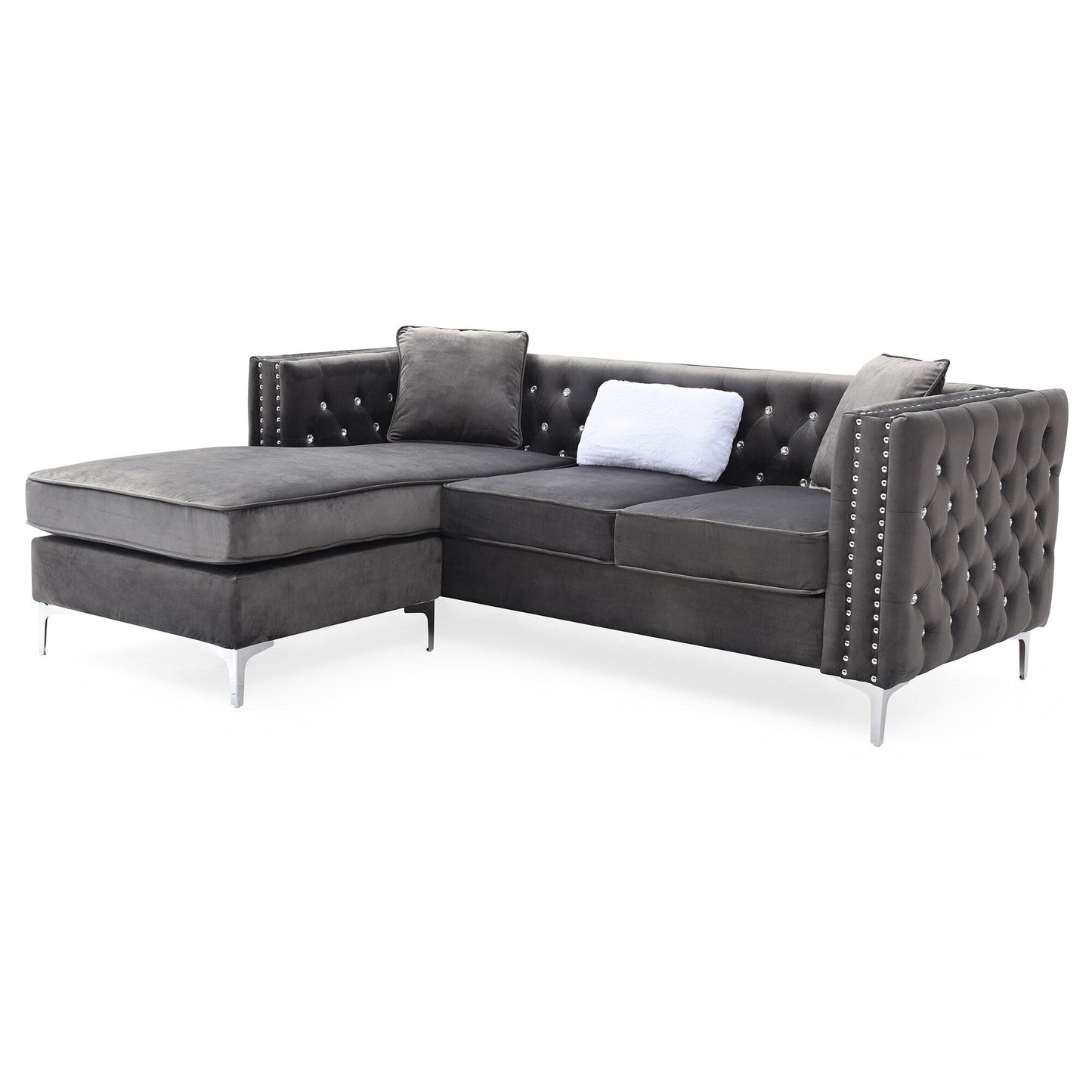 Canapé 3 places en L en velours capitonné avec coussins décoratifs - 87 - Gris